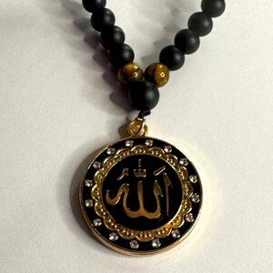 New Black and Gold Calligraphy Necklace with Tigers eye and black beads